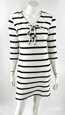 Eliza J Sheath Dress Sz 4 Petite 4P Black White Striped Lace Up Neck 3/4 Sleeve