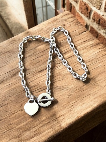 Personalised Silver Heart Charm Toggle Necklace, Heart Pendant Toggle Necklace - Picture 12 of 15