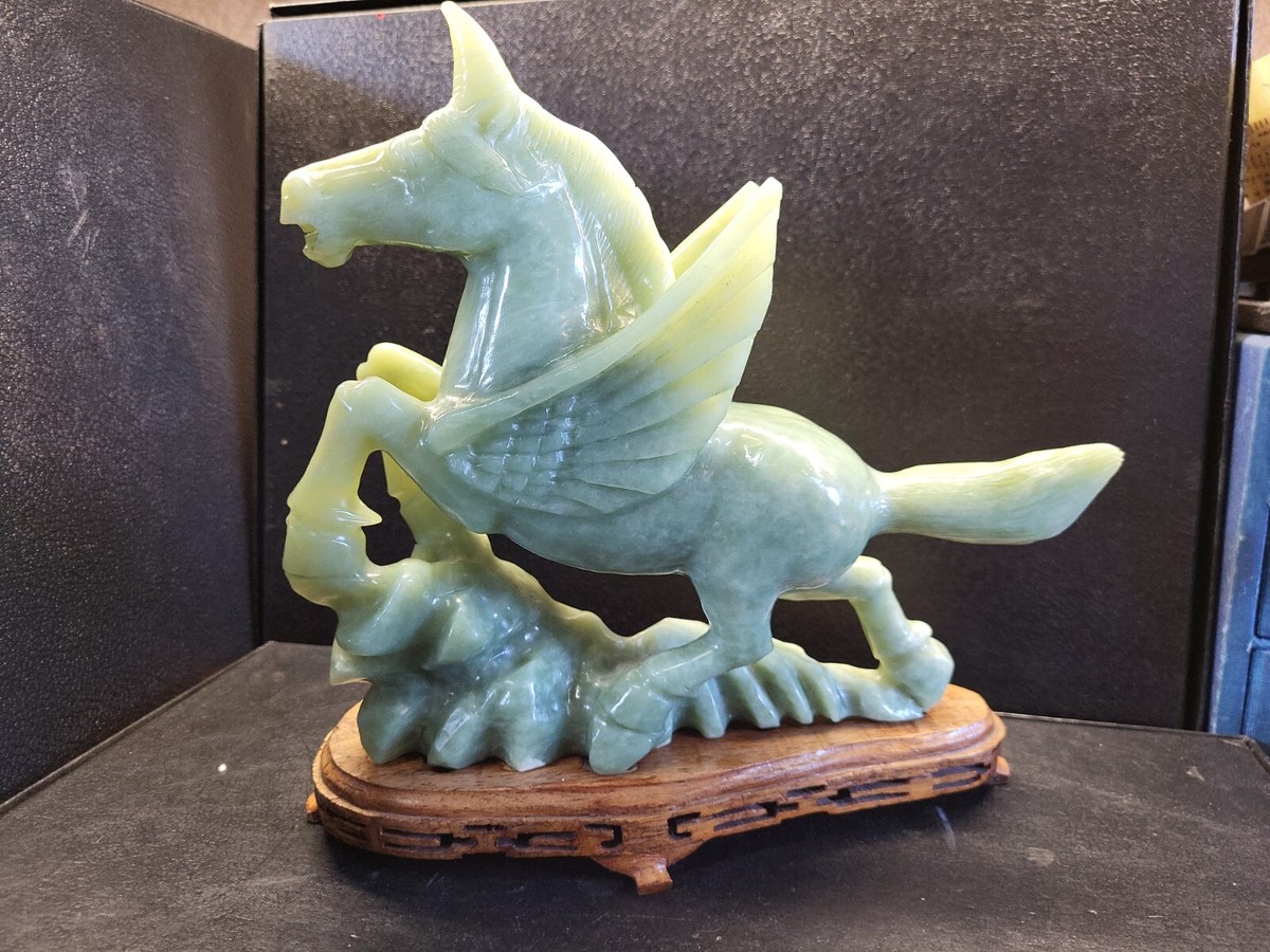 Vtg Heavy Chinese Carved Green stone HORSE Pegasus/unicorn Statue