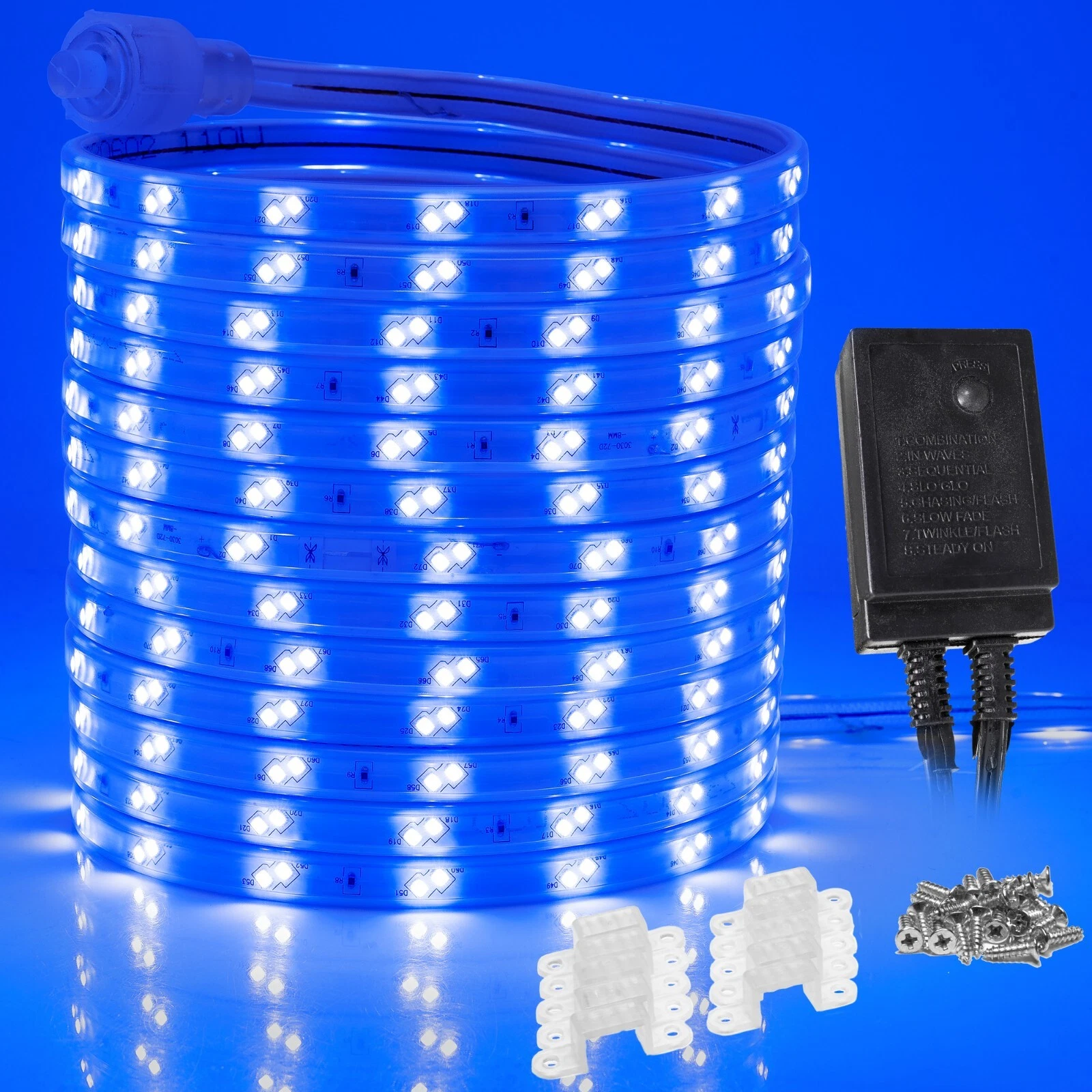 Blue 16-Mode LED Strip Light, Outdoor Waterproof Connectable Lighting