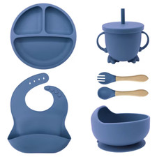 Dunkelblau 7 Stück Silikon Baby Fütterungsset - Schüssel, Löffel, Gabel, Tasse, Schale & Lätzchen
