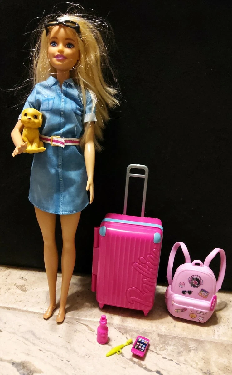 Mattel Barbie Travel Doll Blonde with Puppy Suitcase Accessories
