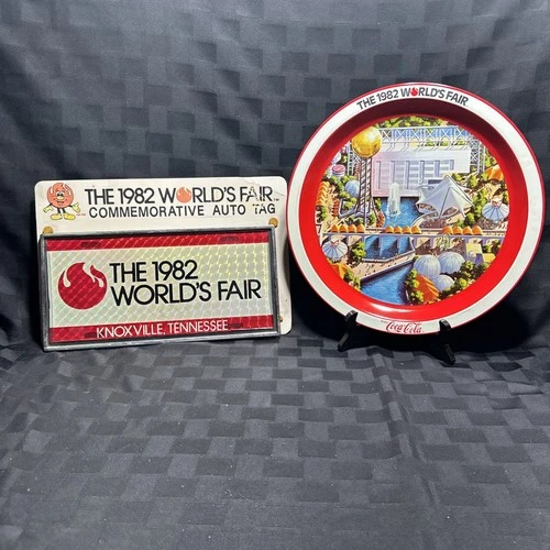 1982 World’s Fair Auto Tag And Coca Cola Commemorate Tin Tray (vintage)