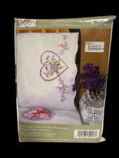 Tobin Stamped Embroidery Standard Pillow Cases 2 20  X 30  Lilac Hearts NIP