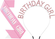 Birthday Headband with Sash for Women, Birthday Crwon Tiara for Decorations