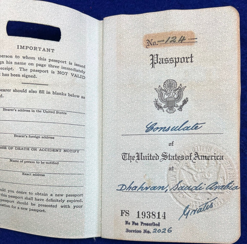 1948 American Consulate Saudi Arabia Issued Passport Bahrain Stamp WWII Era