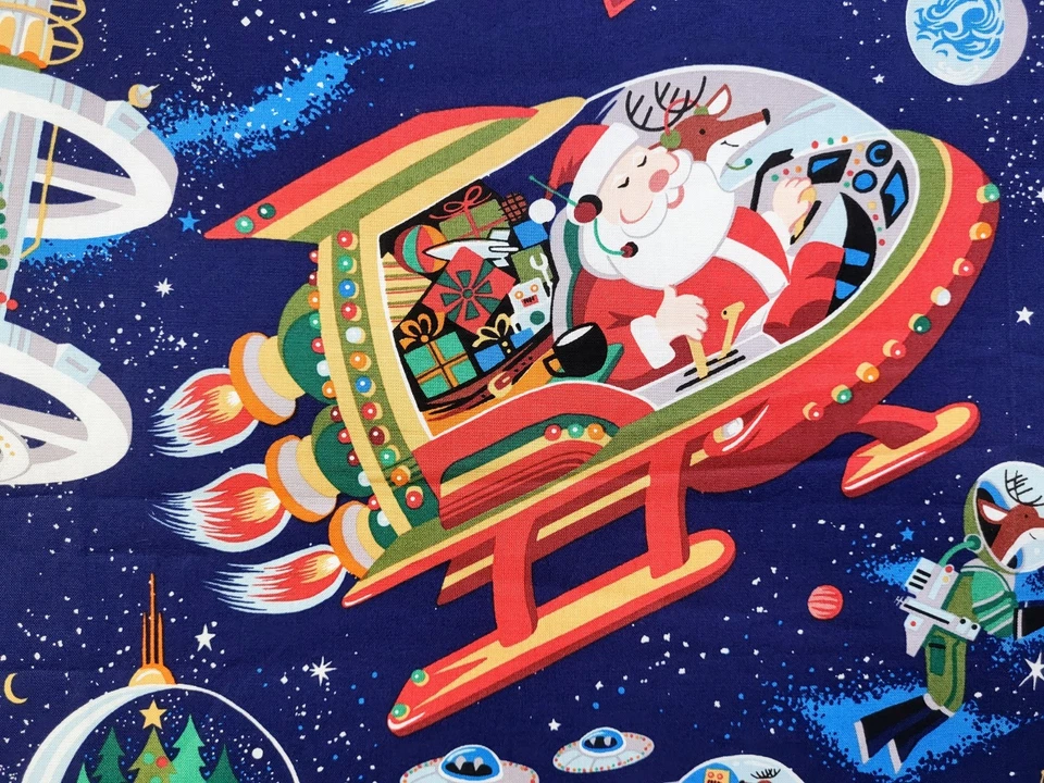 Tela Alexander Henry SANTA IN SPACE - 1 YARDA - Diseño DeLeon - Azul marino - 2017 NUEVO Foto 3 de 4