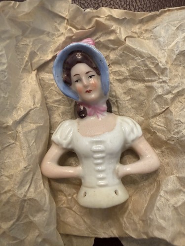 Vintage 2.75" Pin Cushion Half-Doll Porcelain Victorian Woman 