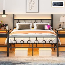 Full Size Bed Frame with Headboard, Metal Platform Bed Frame with Charging Stati
