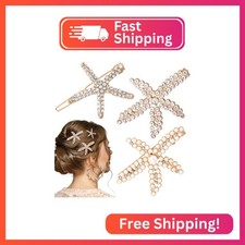 PAGOW 3 PCS Starfish Hair Clips, Gold Pearls Rhinestone Hair Clips, Crystal Sea
