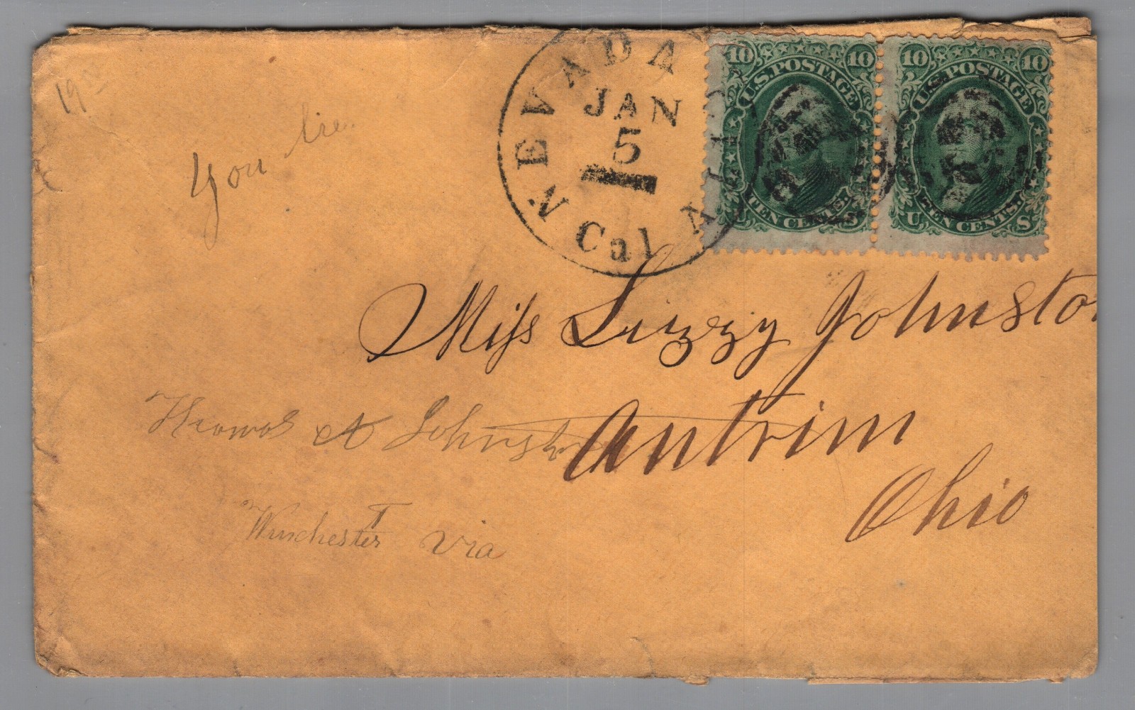 Ca. 1865 Nevada City California to Antrim OH Pair of US #68 On Cover Very Nice!/
