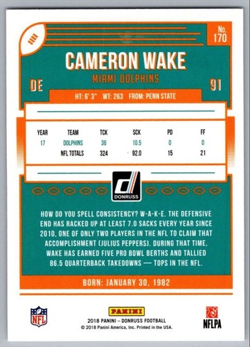 2018 Donruss Cameron Wake Miami Dolphins #170 - Picture 2 of 2