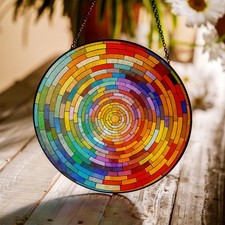Rainbow Spiral Glass Suncatcher, Stained Glass Style Round Window Decor