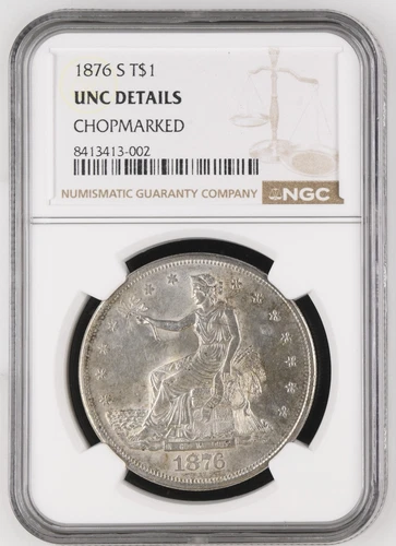 1876 S SILVER TRADE DOLLAR NGC UNCIRCULATED  DETAILS