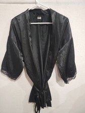 Frederick's of Hollywood Black Satin Feel Robe Medium Lace Trim Peignoir VTG 90s