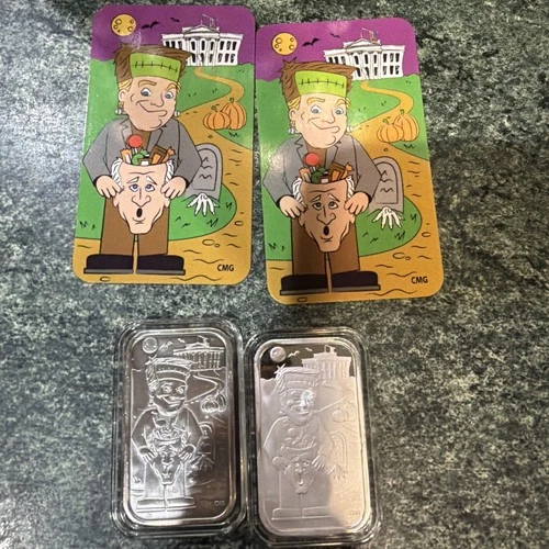 2x CMG Mint Trumpenstein Trump Biden 1 Oz .999 Silver Antiqued Proof Art Bar Set