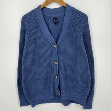 Gap Cardigan Sweater Women's Size L Blue Button Chunky Knit Solid 100 Cotton
