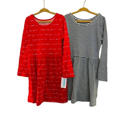 Carter's Kid 2-Pack Long Sleeve Dresses Girls Size 5 Red Hearts Navy Stripe NEW