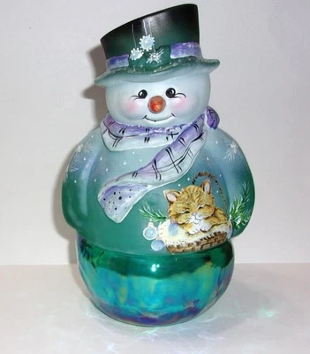 Fenton Glass Teal Carnival Winter Nap Kitten Snowman Fairy Light Ltd Ed #18/30 - Image 1 of 4
