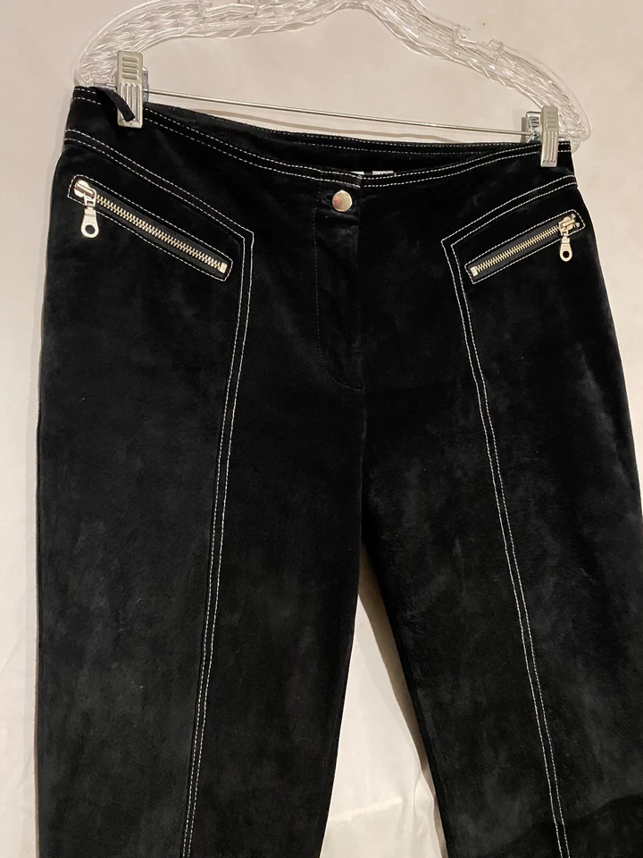 Vintage Women Wilson’s Black Suede Leather Pants Biker Motorcycle White Stitch - Image 3 of 4