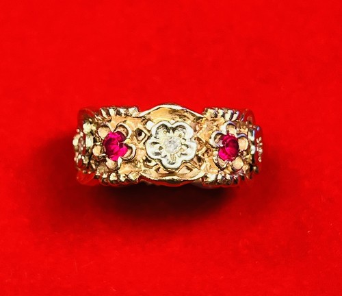 Retro 14K Rose & White Gold Diamond Rubies Ring Size 5 - Picture 2 of 12