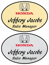 1 GOLD & 1 SILVER OVAL HONDA PERSONALIZED NAME BADGES W/ SAFETY PIN FASTENER