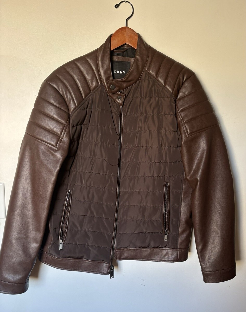 DKNY Leather Jacket Men's Faux Medium Brown Mixed Bomber Puffer