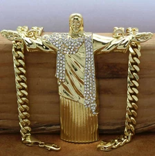 Hip Hop 14k Gold Plated Huge "JESUS"  Pendant Cubic Zirconia 30" Cuban Chain (H)