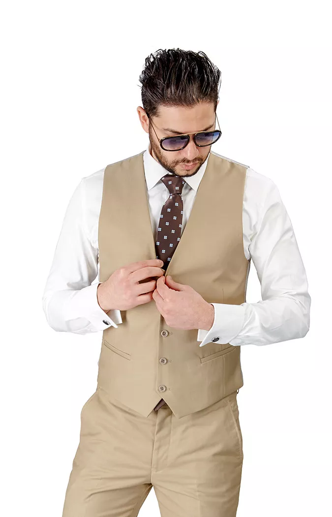 Man in Vest No Shirt Tan Pants Look Side Stock Photo  Image of confident  formalwear 60552234