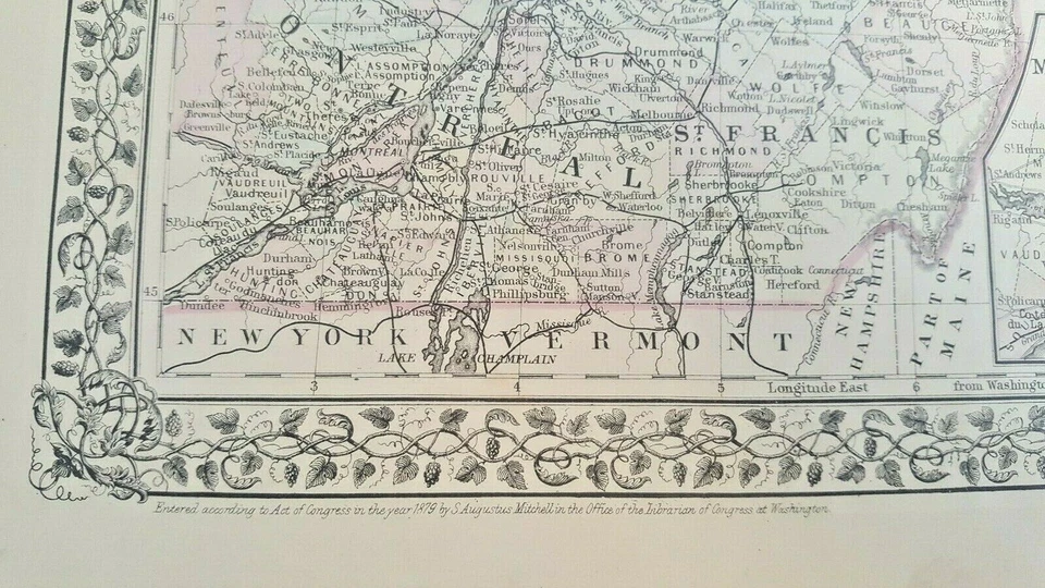 MAPA ANTIGUO COLOREADO A MANO - QUEBEC EN CONDADOS - 1880 Foto 3 de 4