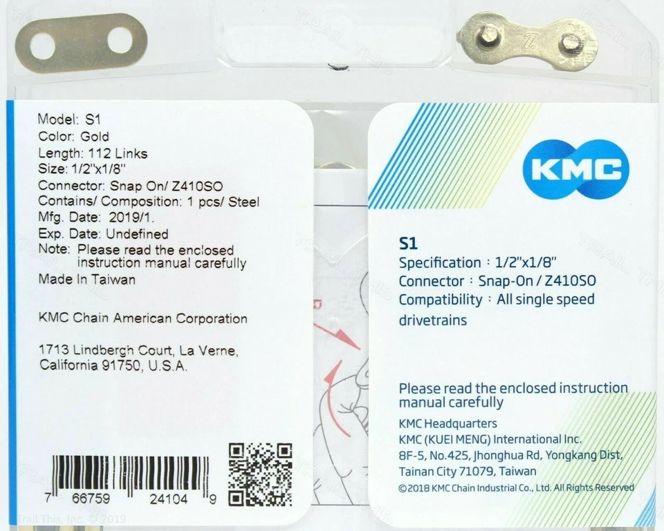 KMC S1 1/8-inch Singlespeed BMX Fixed Gear Kids Bike Chain-Choose Your Color - Image 3 of 3