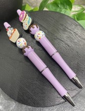 2 PC Handmade Wood Silicone Beads Black Ink Pen Set Desserts Ice Cream B2941
