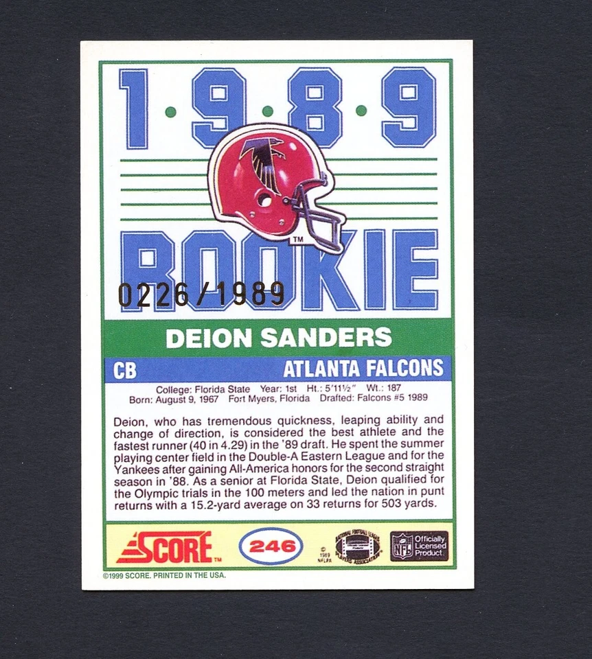 1999 Score Deion Sanders Rookie REPRINT #246 RC /1989 10th Anniversary Rare - Image 4 of 4