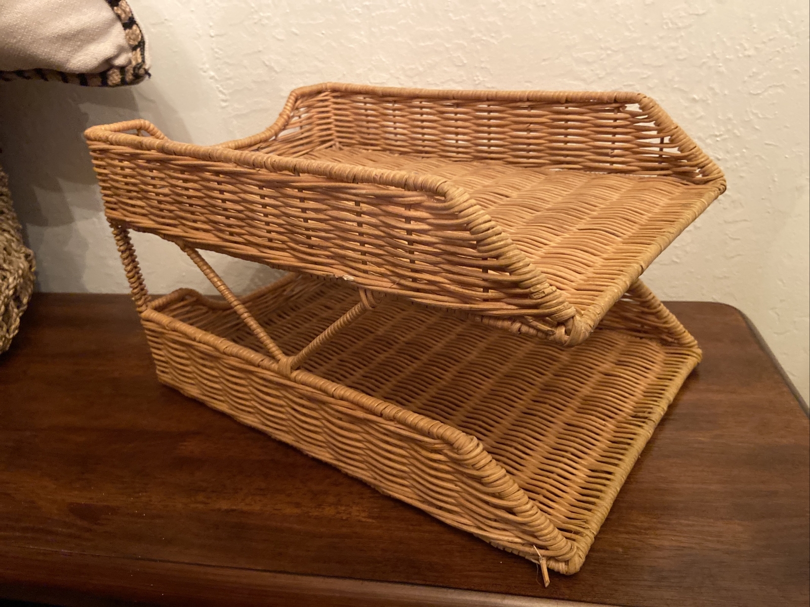 Wicker Rattan 2-Tier Desk File Tray Mail/Letter Office Organizer Boho Style EUC-image