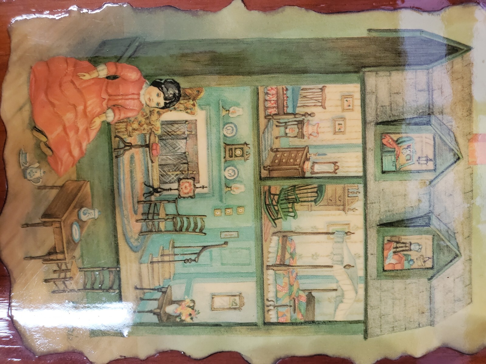 Vintage Mini Framed Wall of DOLL HOUSE (Carved wood glazed wall hanging)