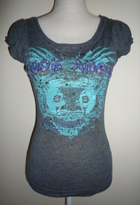 fresh made Shirt Steinbesatz Kurzarm Damen Oberteil T-Shirt Grau-Melange Gr. XS