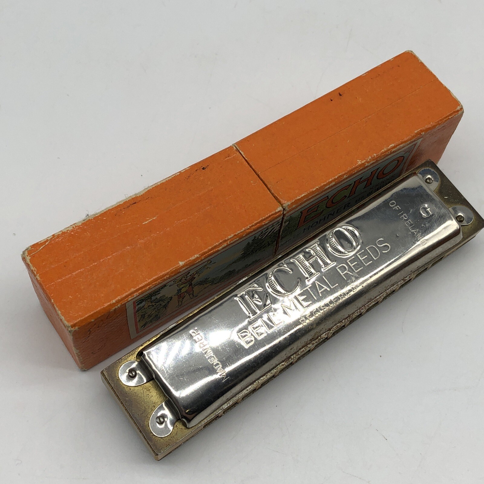 M. Hohner Harmonica The Echo Bell Metal Reeds C w/ Case Germany Vintage