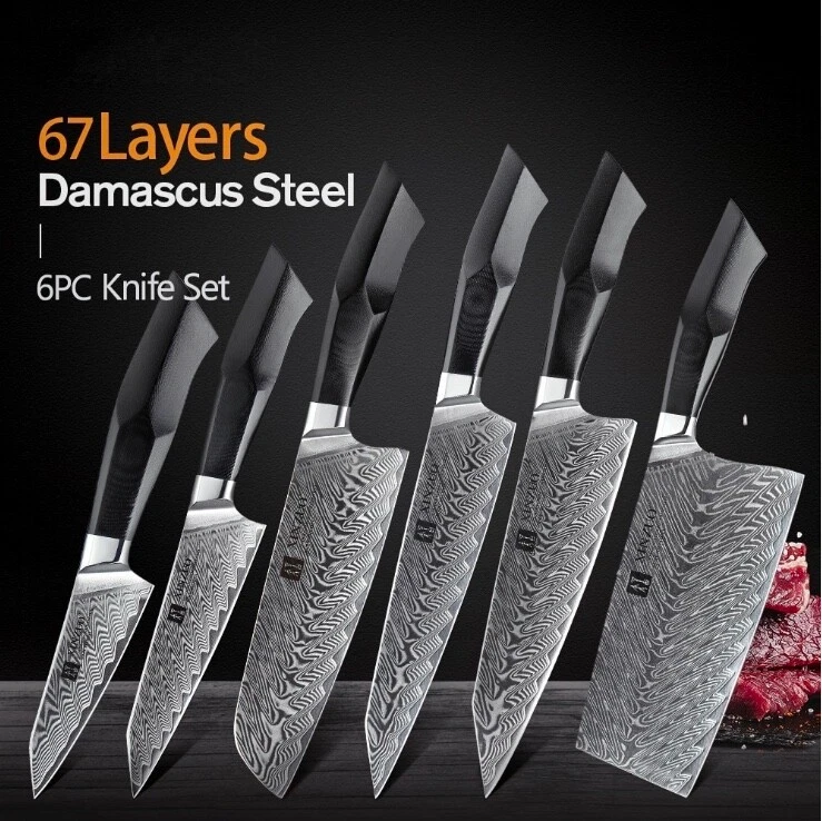 Damascus Carbon Steel Kitchen Knife Set Chef's Cook Santoku Meat Cleaver Knives
