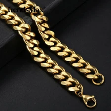 10mm Heavy MENS Chain Yellow Gold Filled Flat Curb Cuban Link Necklace 18-26"