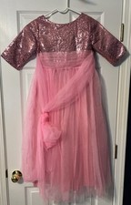 Flower Girls Pink Dress 3/4 Sleeve Sequins Tulle Wedding 11-12 Year Princess