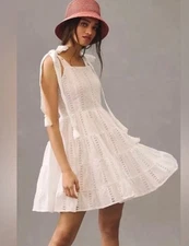 EUC Anthropologie x Mille Shoulder Tie Bows Eyelet Mini Dress w/ Tassels Size M!