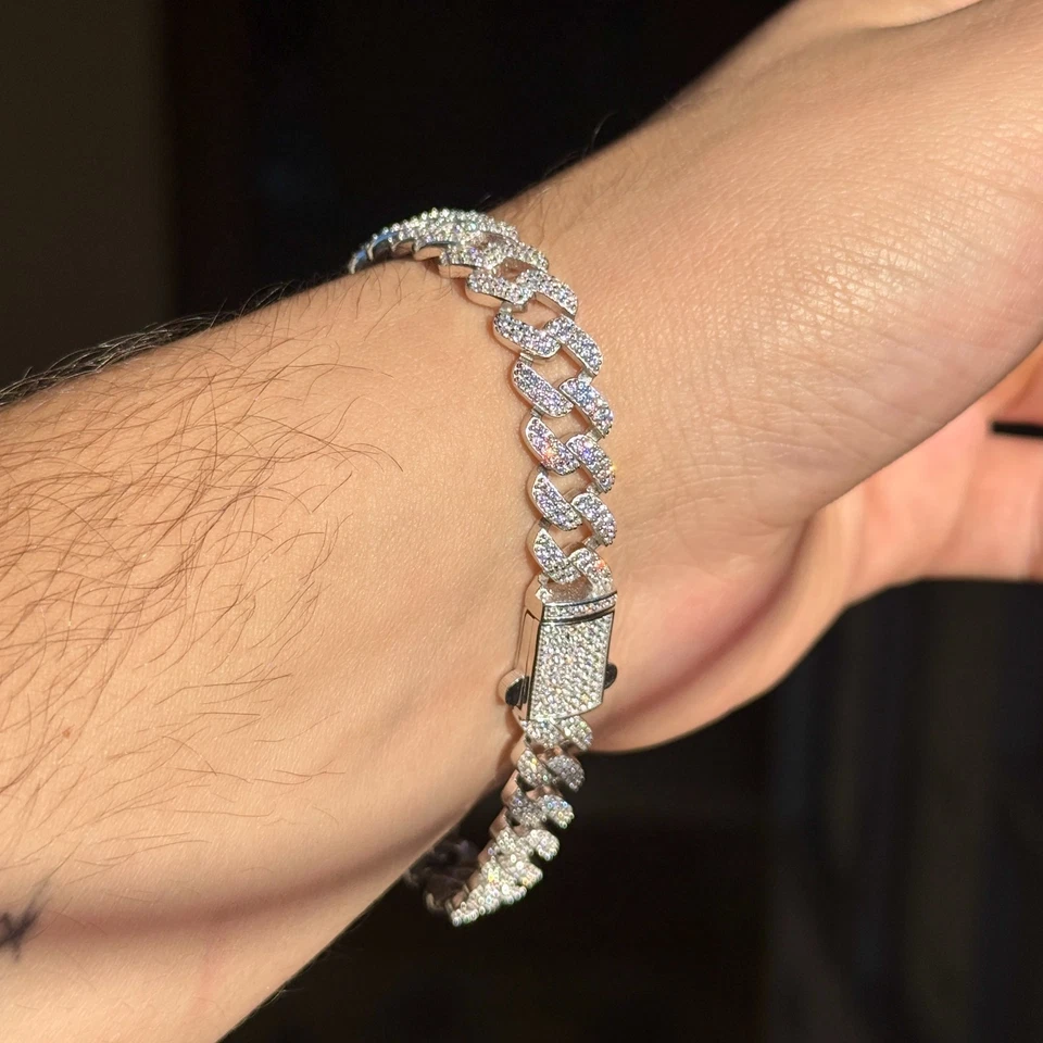 925 Sterling Silver Ice Out Moissanite Cuban White Gemstone Men Bracelet - Image 3 of 4