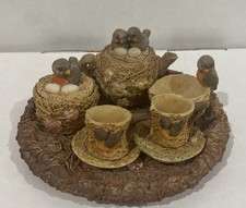 Mini Resin Vintage Tea Set, Spring Birds Nest Floral Detailed 10 Pieces