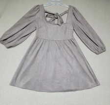 PINK LILY~Woman's MEDIUM Soft Microfiber Dress TAUPE Long Sleeve Square Neck TIE