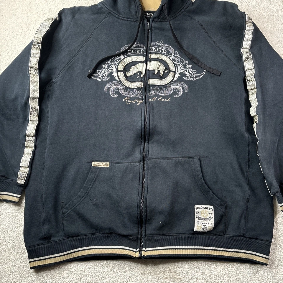 Ecko Unltd. Hooded Jacket Size 3XL Embroidered Root Of All Evil Snake Print Hole - Image 2 of 4
