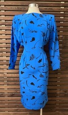 1980s 80s Vintage Liz Claiborne Blue  Black Pleated 3/4 Sleeve Dress - 6P