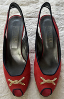Carvela Suede Slingback Cone Heel Shoes UK 7.5 Red/Black/Gold Metal Accent