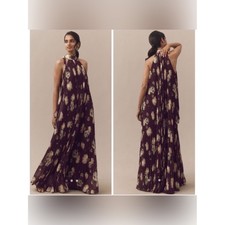 Anthropologie BHLDN Rosie Mock Neck Pleated Chiffon Floral Maxi Dress Sz Large