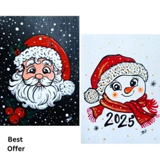 02 Pcs ACEO Original Christmas Santa Snowman Acrylic Hand Paint Gift Art Set New