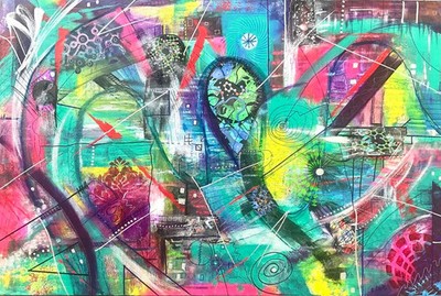 Life's Ups and Downs - Original Acrylic Painting & Collage 36x24 by Rose Cook